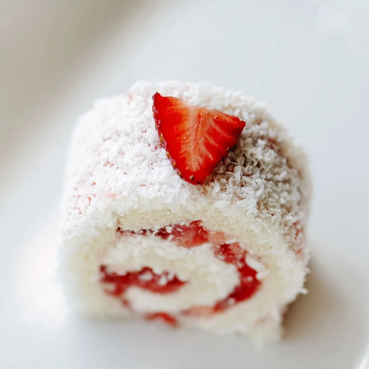 Golden Strawberry Shortcake Sushi Rolls featuring sliced strawberries peeking through whipped cream layers