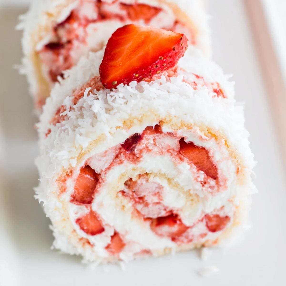 Whimsical fusion Strawberry Shortcake Sushi Rolls garnished with fresh strawberry slices and mint