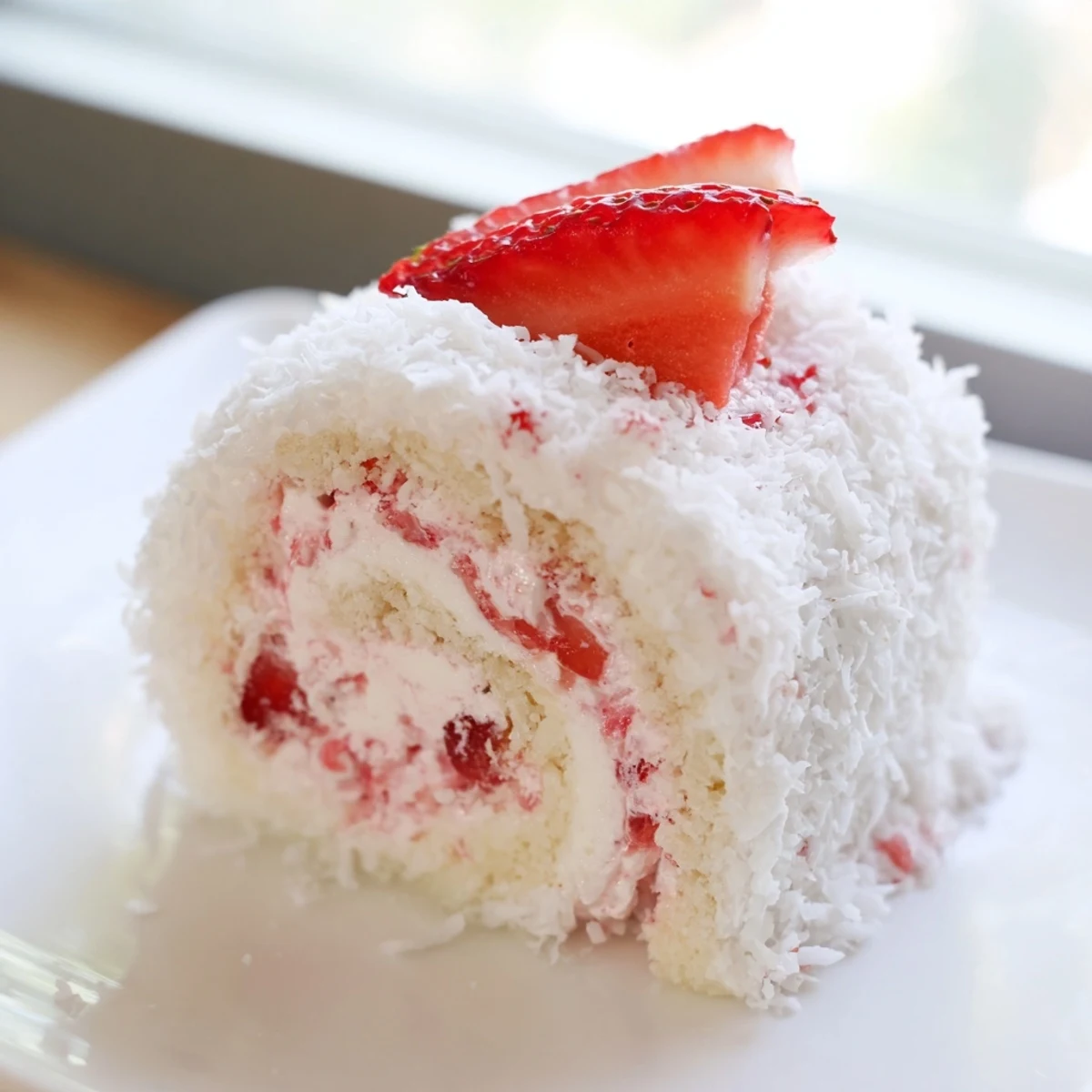 Dessert sushi rolls with bright red strawberries and vanilla cream on white plate