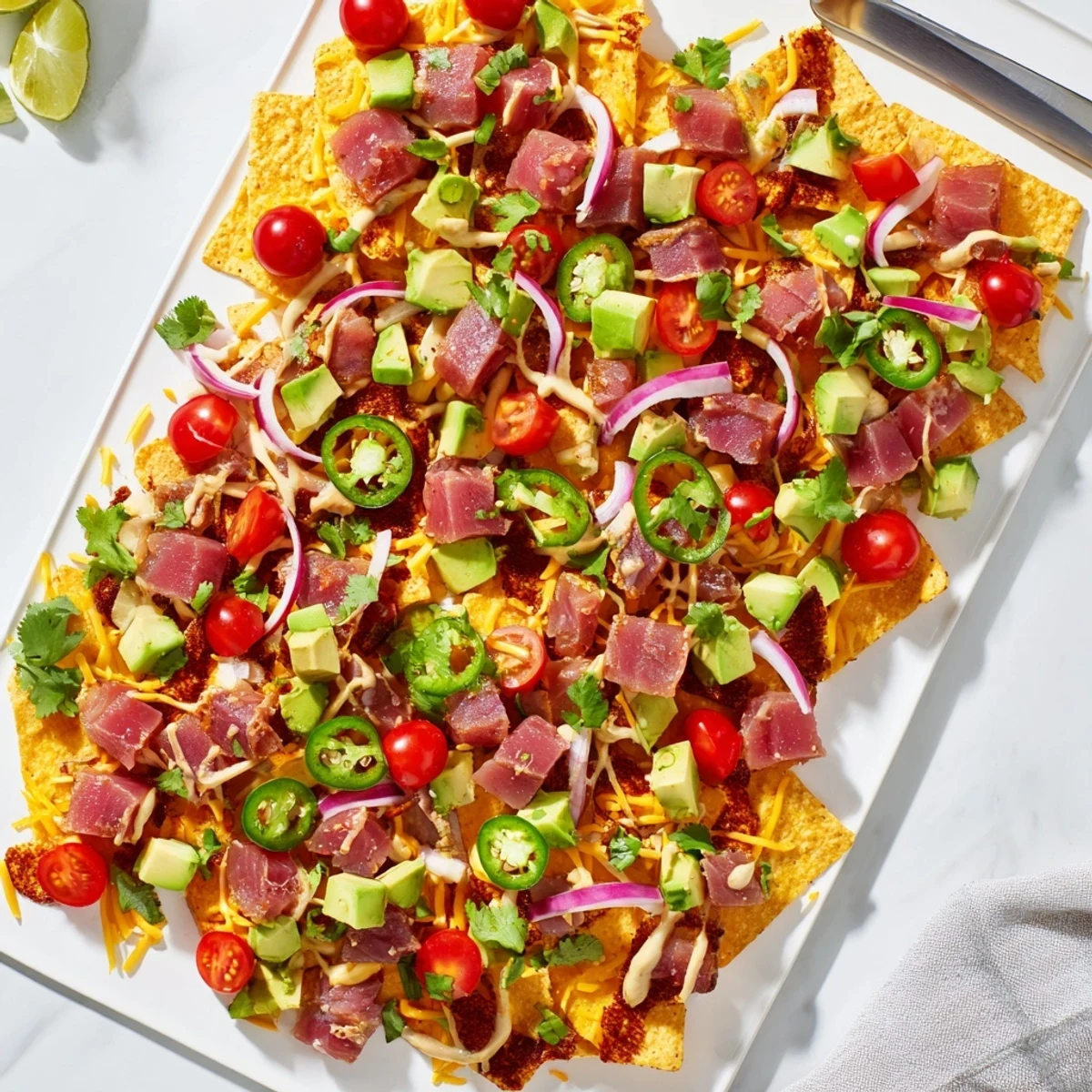 Crispy tortilla chips topped with seared tuna, fresh tomatoes, and jalapeño-lime cream sauce