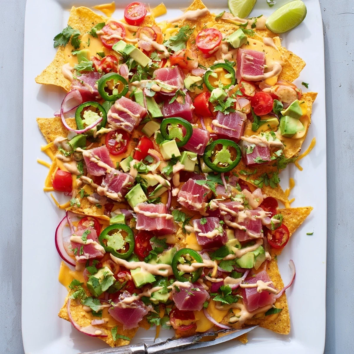 Golden tuna nachos deluxe piled with avocado, melted cheese, and zesty lime crema drizzle