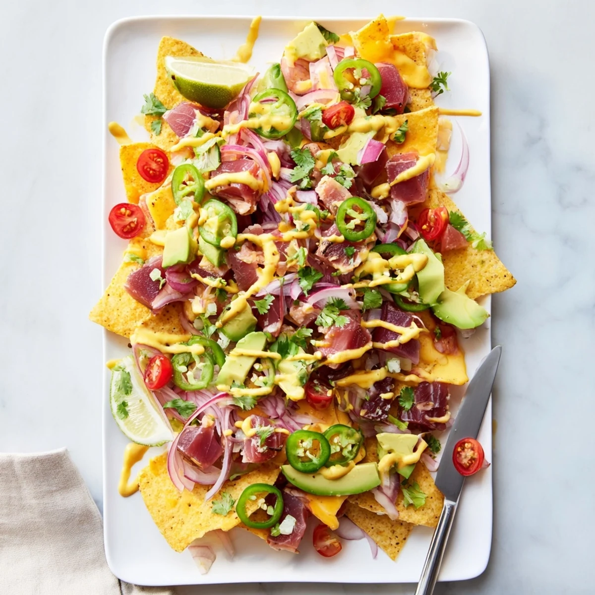 Appetizer platter of tuna nachos deluxe garnished with cilantro, red onion, and creamy dressing