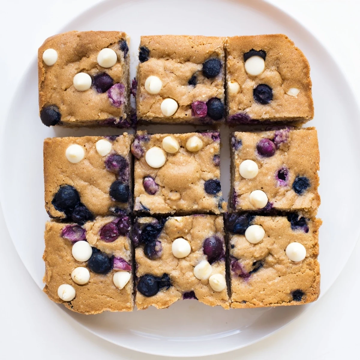Square pan of baked blueberry blondies featuring golden edges and moist fruit-filled center