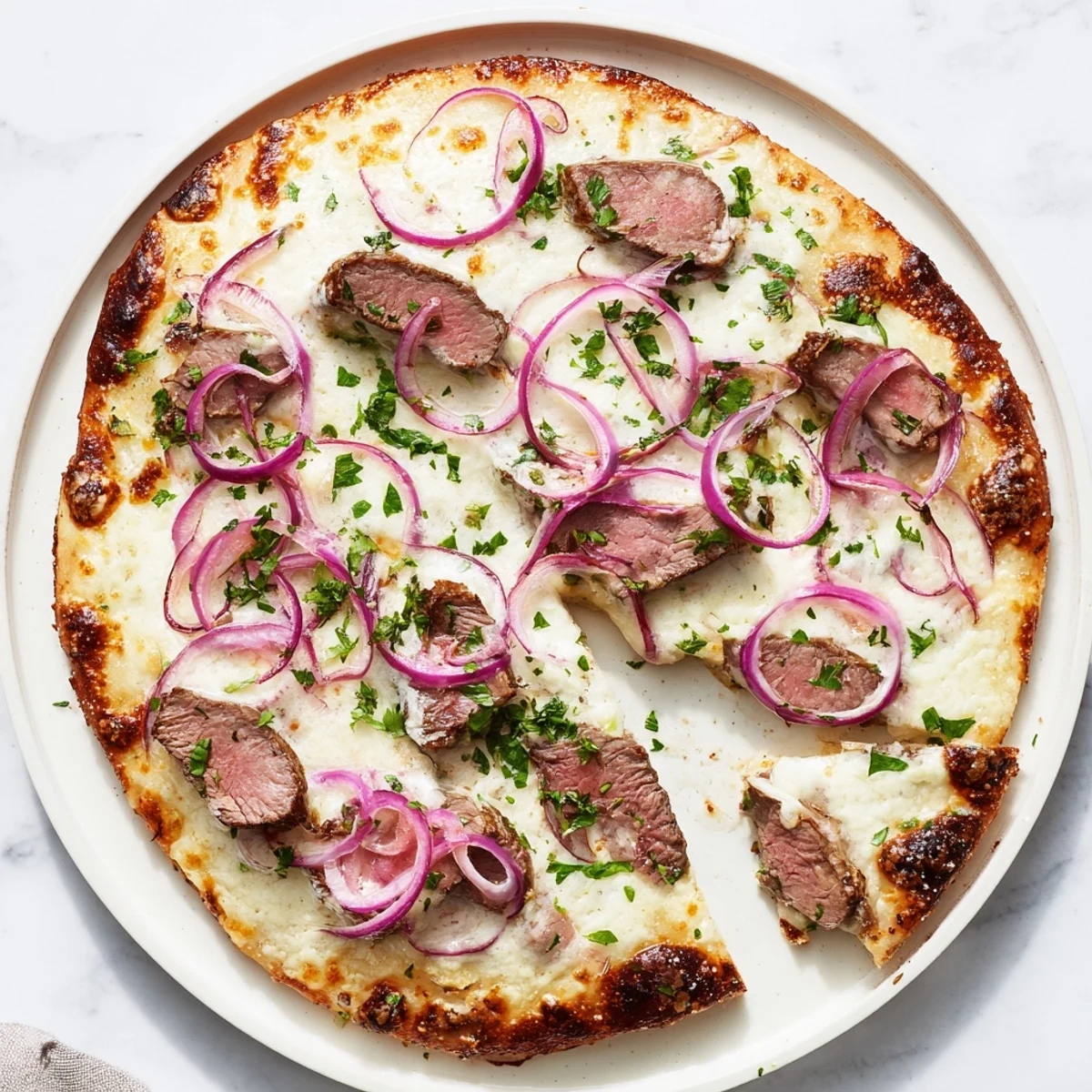 Sliced steak and red onions top this cheesy Beef Alfredo Pizza with a golden baked crust