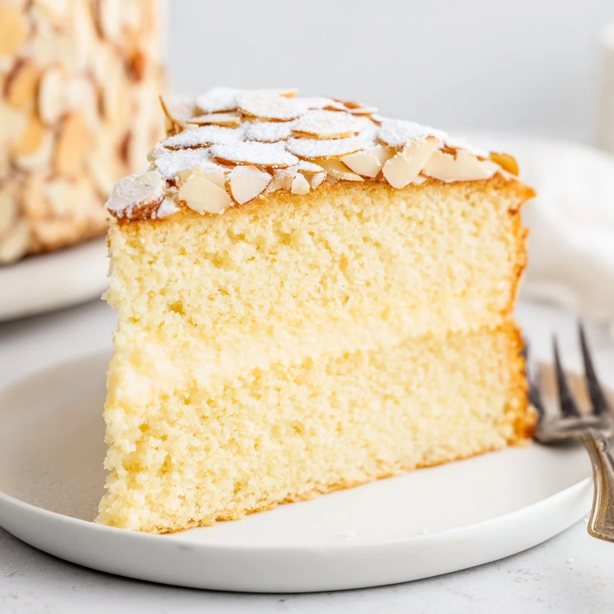 Golden almond cream cake slice with fluffy layers and toasted nut topping on white plate