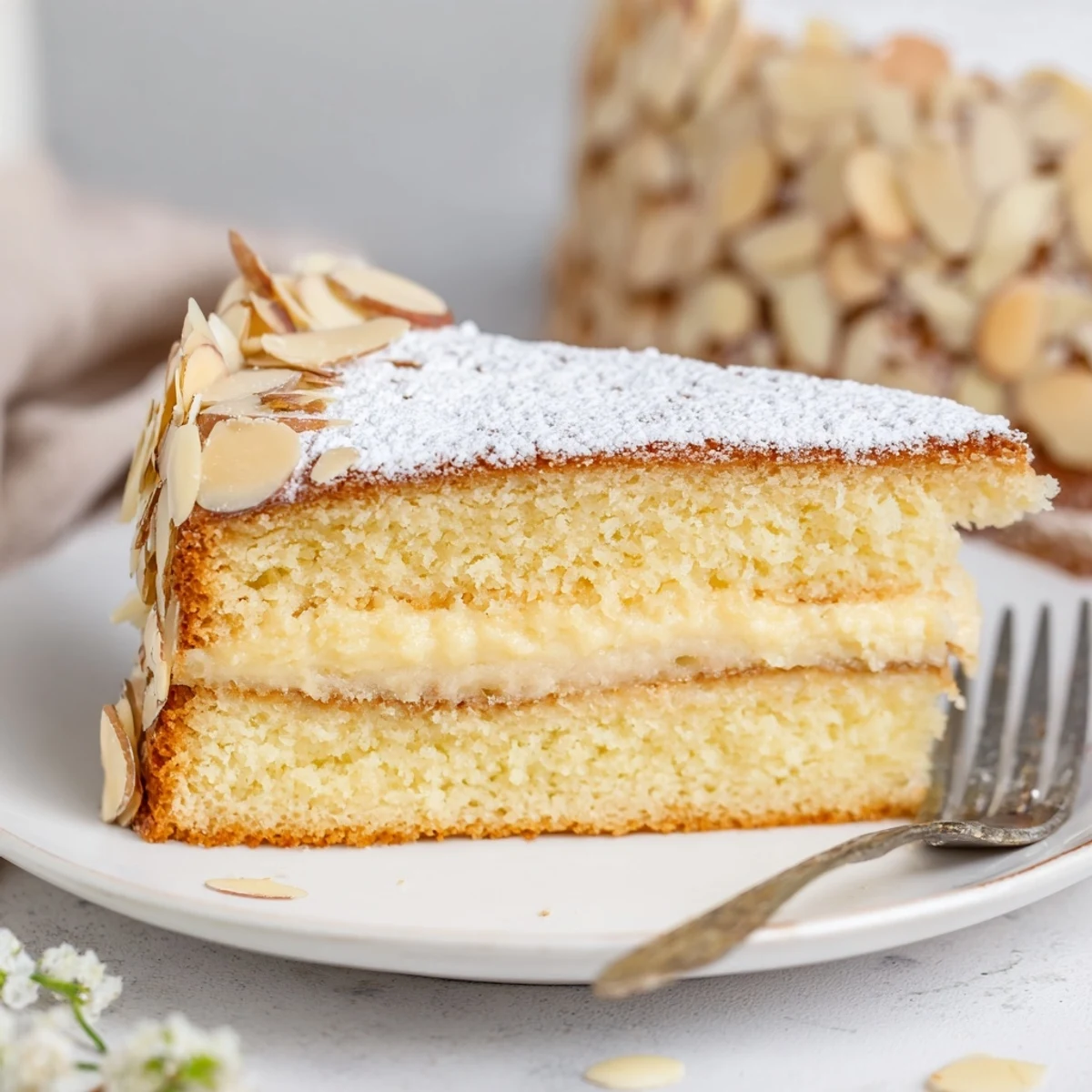 Two-tier almond cream cake dessert topped with caramelized sliced almonds and cream filling