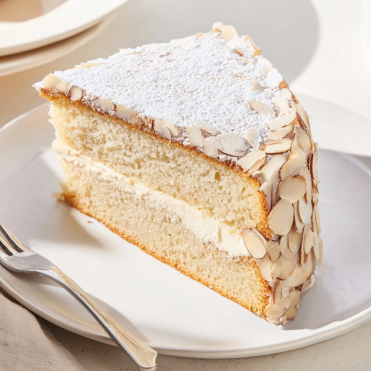 Light almond cream cake layered with rich filling and dusted powdered sugar on cake stand