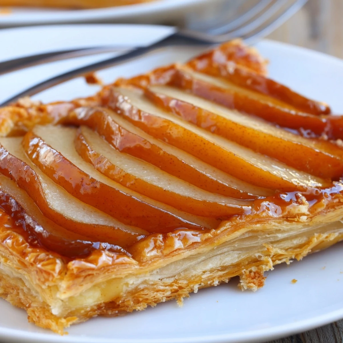 Warm Pear Puff Pastry Recipe served with glossy apricot glaze and vanilla ice cream