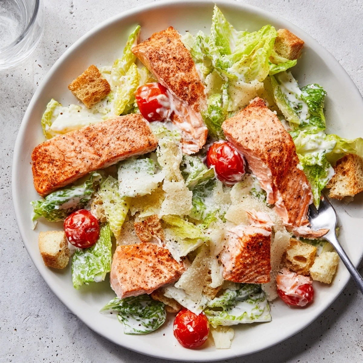 Smoky Salmon Caesar Salad Recipe drizzled with creamy lemon garlic dressing and croutons