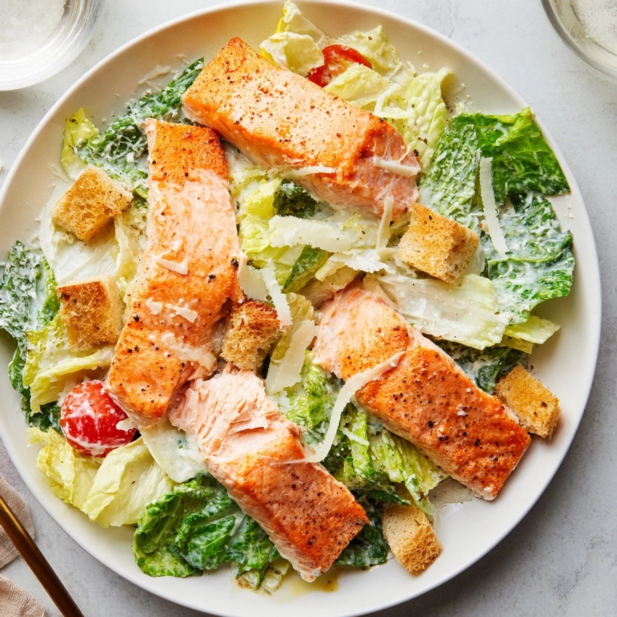 Flaky roasted salmon over crisp romaine in a Smoky Salmon Caesar Salad Recipe