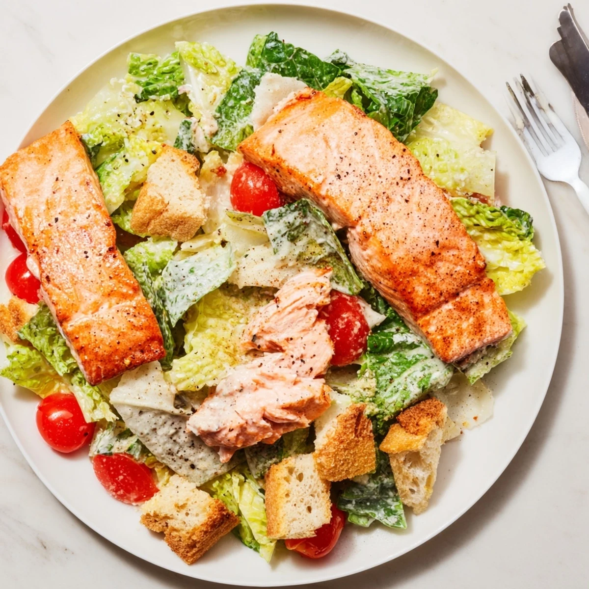 Plate features smoky salmon flakes, tangy dressing in the Smoky Salmon Caesar Salad Recipe