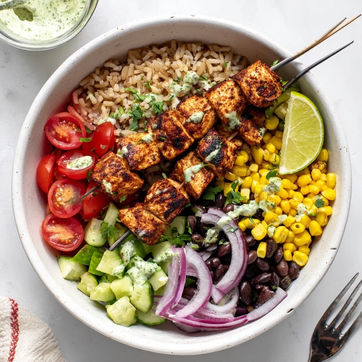 Smoky Chicken Skewer Bowl Recipe with charred, juicy chicken and creamy avocado