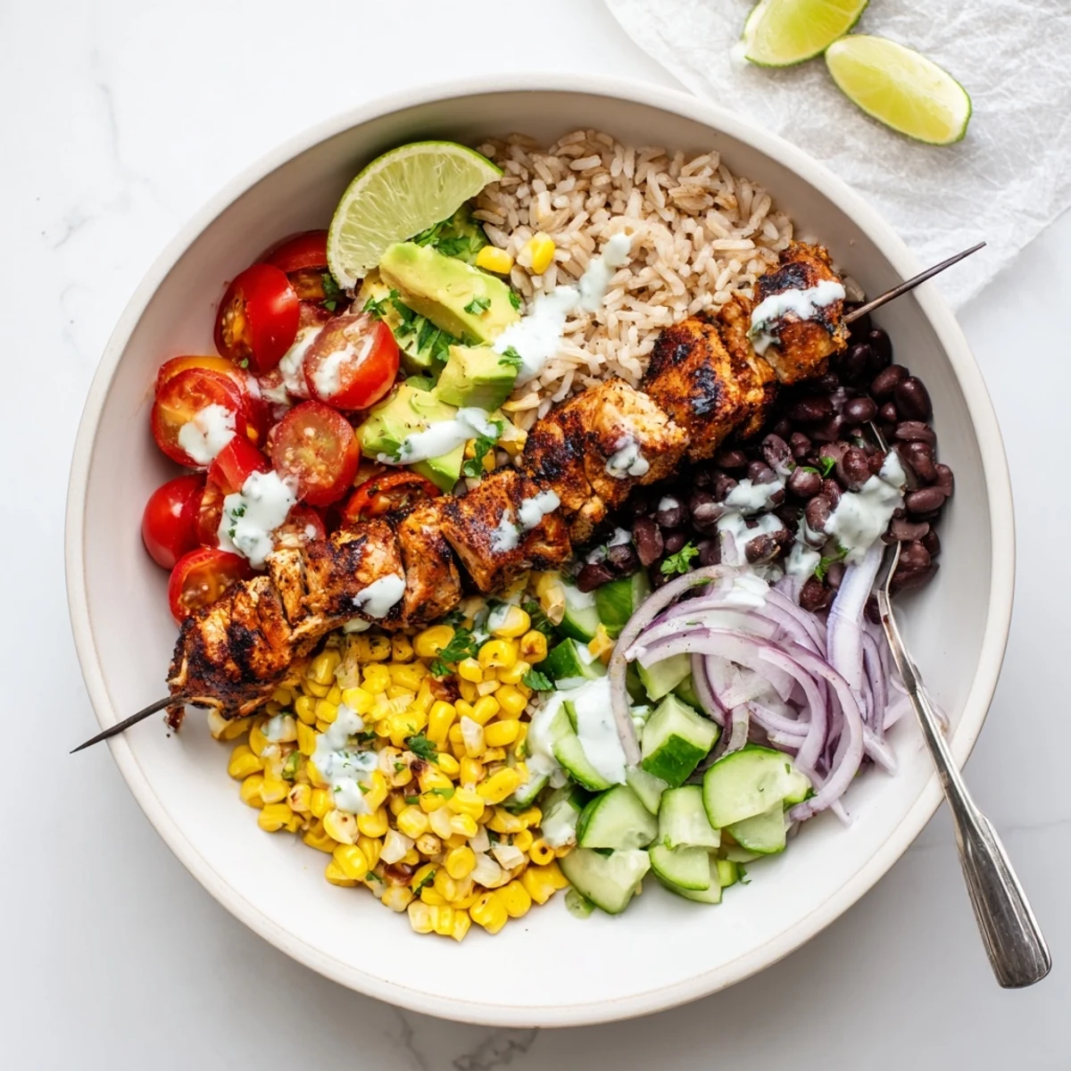 Grilled Smoky Chicken Skewer Bowl Recipe served over warm brown rice and lime