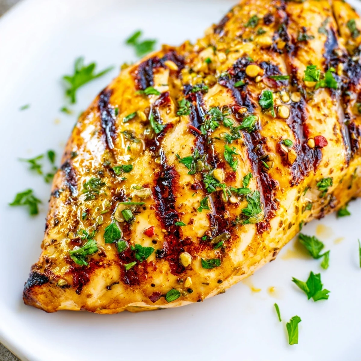 Golden brown grilled chicken breasts with perfect char marks, garnished with fresh parsley and lemon wedges on a white serving plate