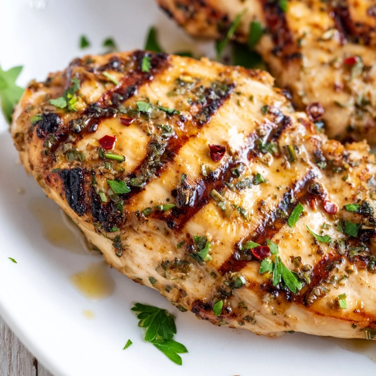 Juicy herb-marinated grilled chicken resting on a platter with aromatic seasonings and zesty lemon slices for summer dining