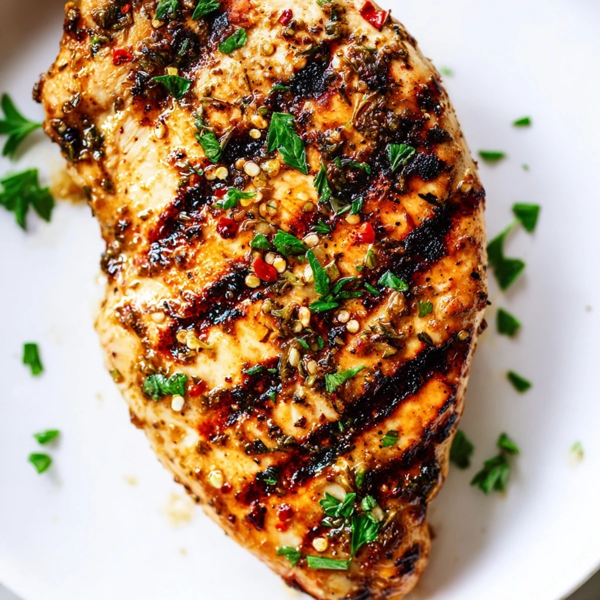 Perfectly grilled chicken showcasing tender, succulent meat with charred grill lines and a sprinkle of fresh green parsley
