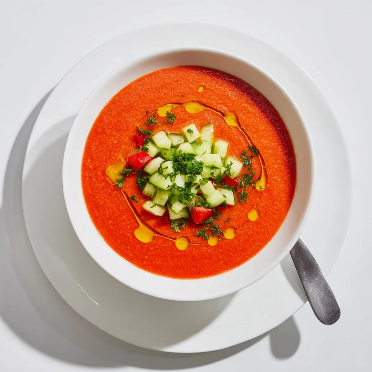A vibrant bowl of chilled tomato gazpacho topped with fresh diced cucumber and bell pepper garnish