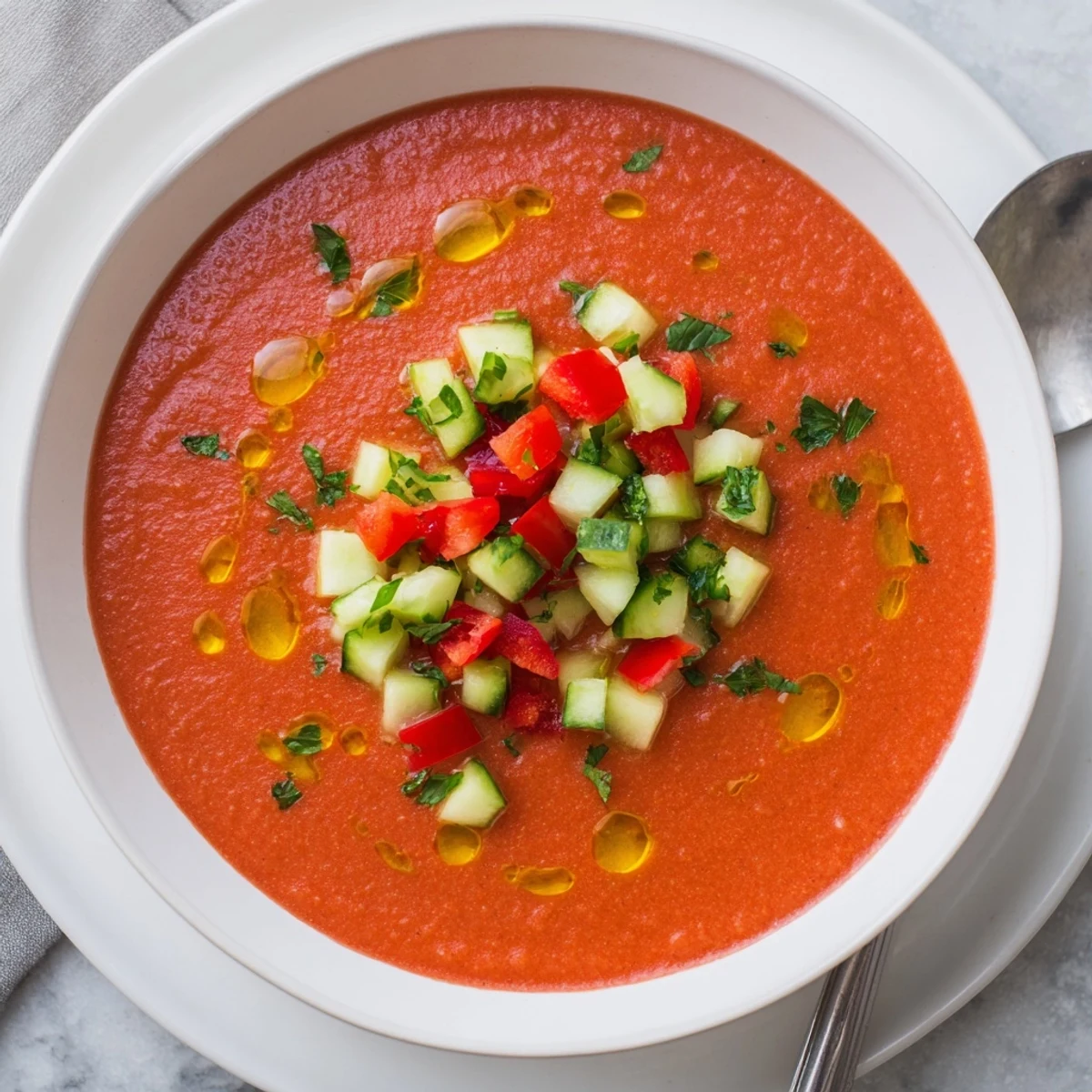 Smooth red chilled tomato gazpacho served in a white bowl with colorful vegetable toppings and herbs