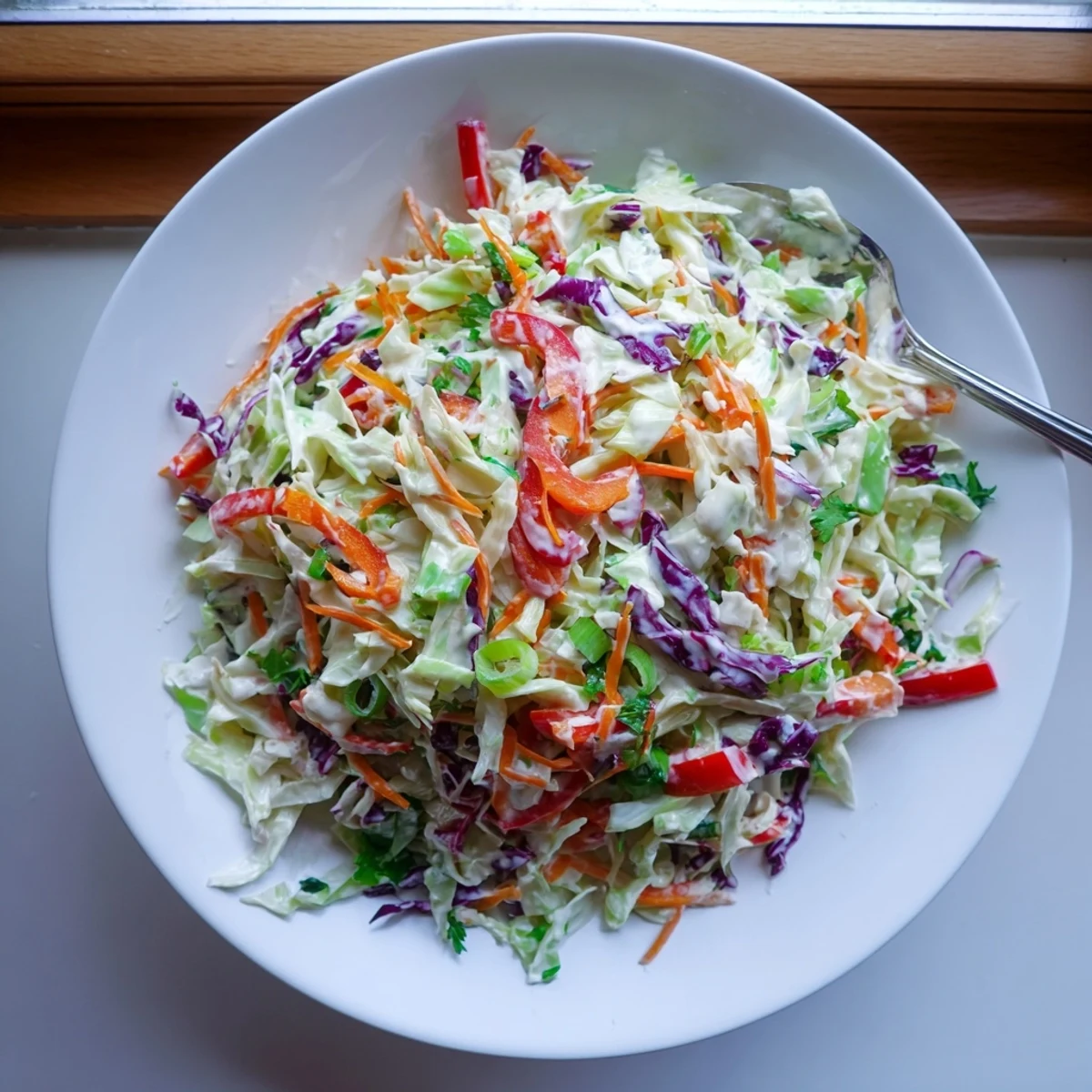 Colorful summer slaw with shredded cabbage, carrots, and bell pepper in a creamy honey-mustard dressing
