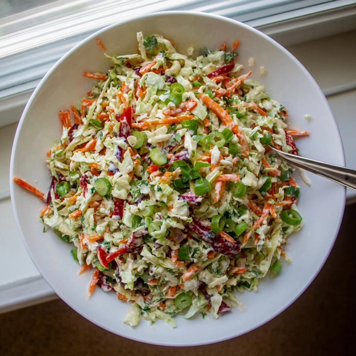 Refreshing summer slaw featuring crisp red and green cabbage tossed in tangy yogurt mayonnaise sauce