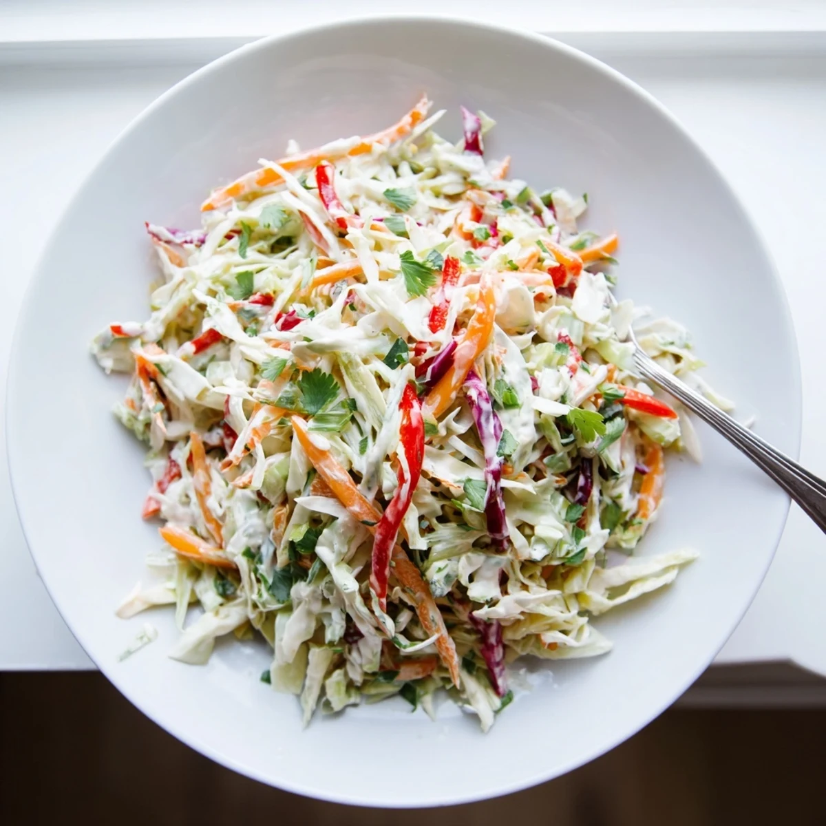 Light summer slaw salad with vibrant vegetables coated in sweet apple cider vinaigrette for picnics