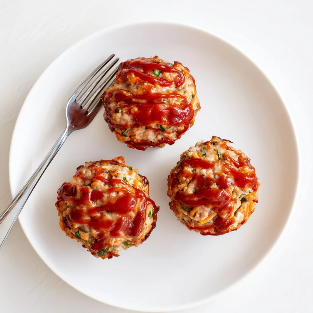 Golden brown turkey meatloaf muffins glazed with ketchup in a muffin tin