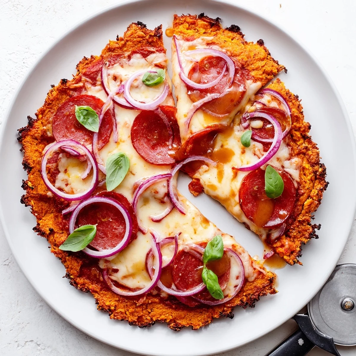 Golden sweet potato crust pizza topped with pepperoni mozzarella and drizzled hot honey