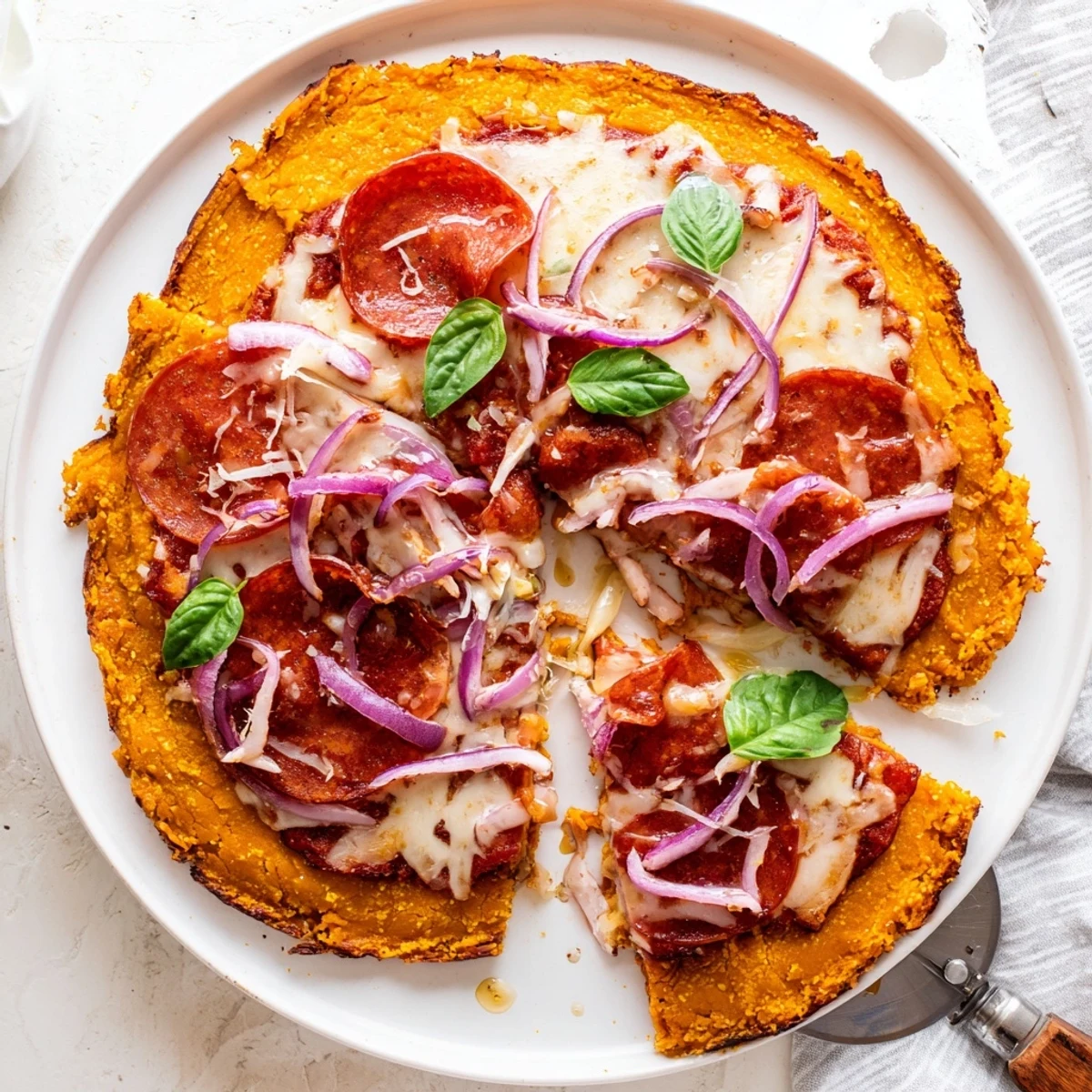 Gluten-free sweet potato crust pepperoni pizza with spicy hot honey and bubbling mozzarella cheese