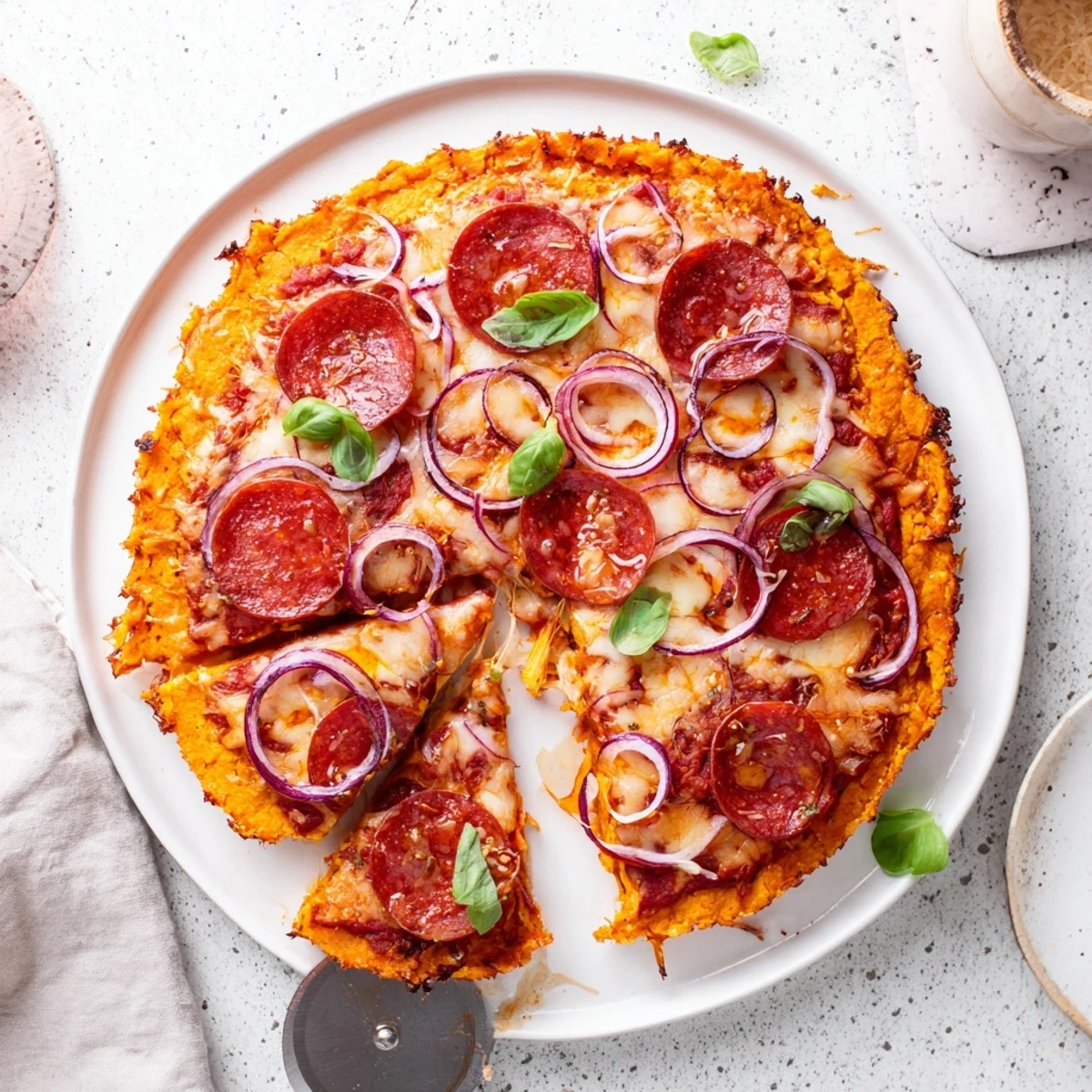 Sliced pepperoni pizza on orange sweet potato crust finished with sweet and spicy hot honey glaze