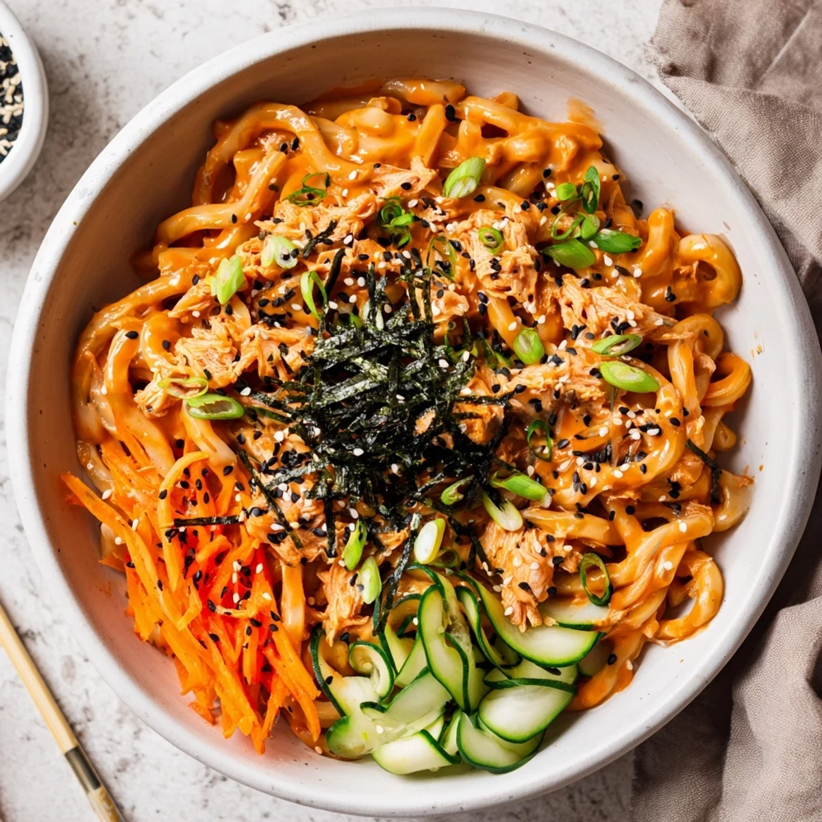 Thick udon noodles tossed with spicy tuna and crisp vegetables in a savory sesame bowl