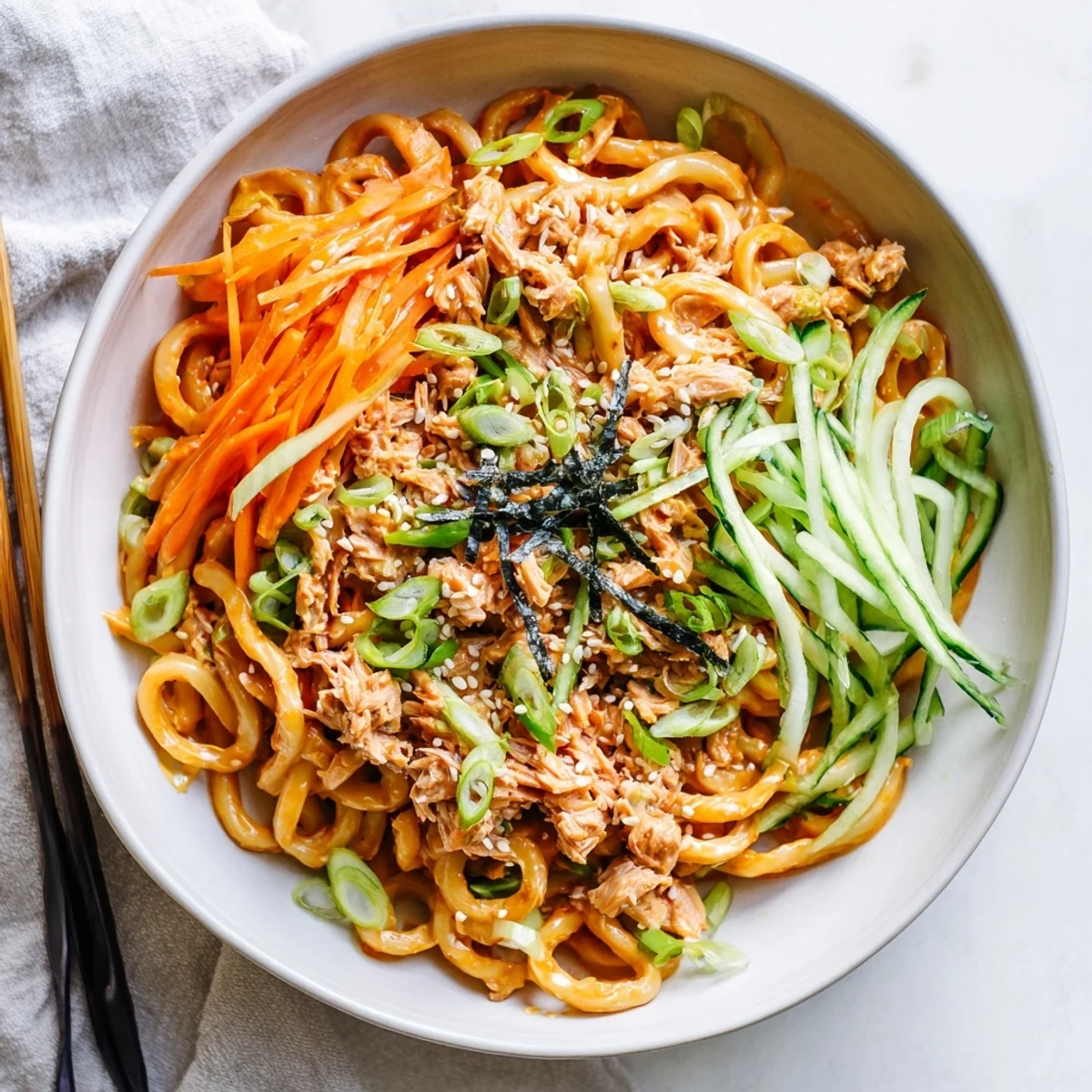 Japanese-style Spicy Tuna Udon served with nori pieces and toasted sesame seeds on top