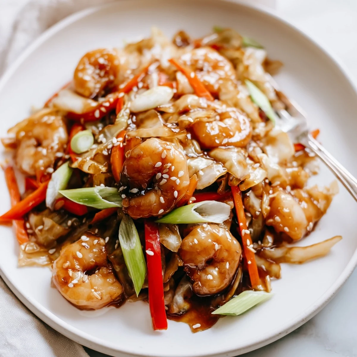 Delicious Asian Shrimp And Cabbage Stir Fry steaming in wok, sesame-glazed