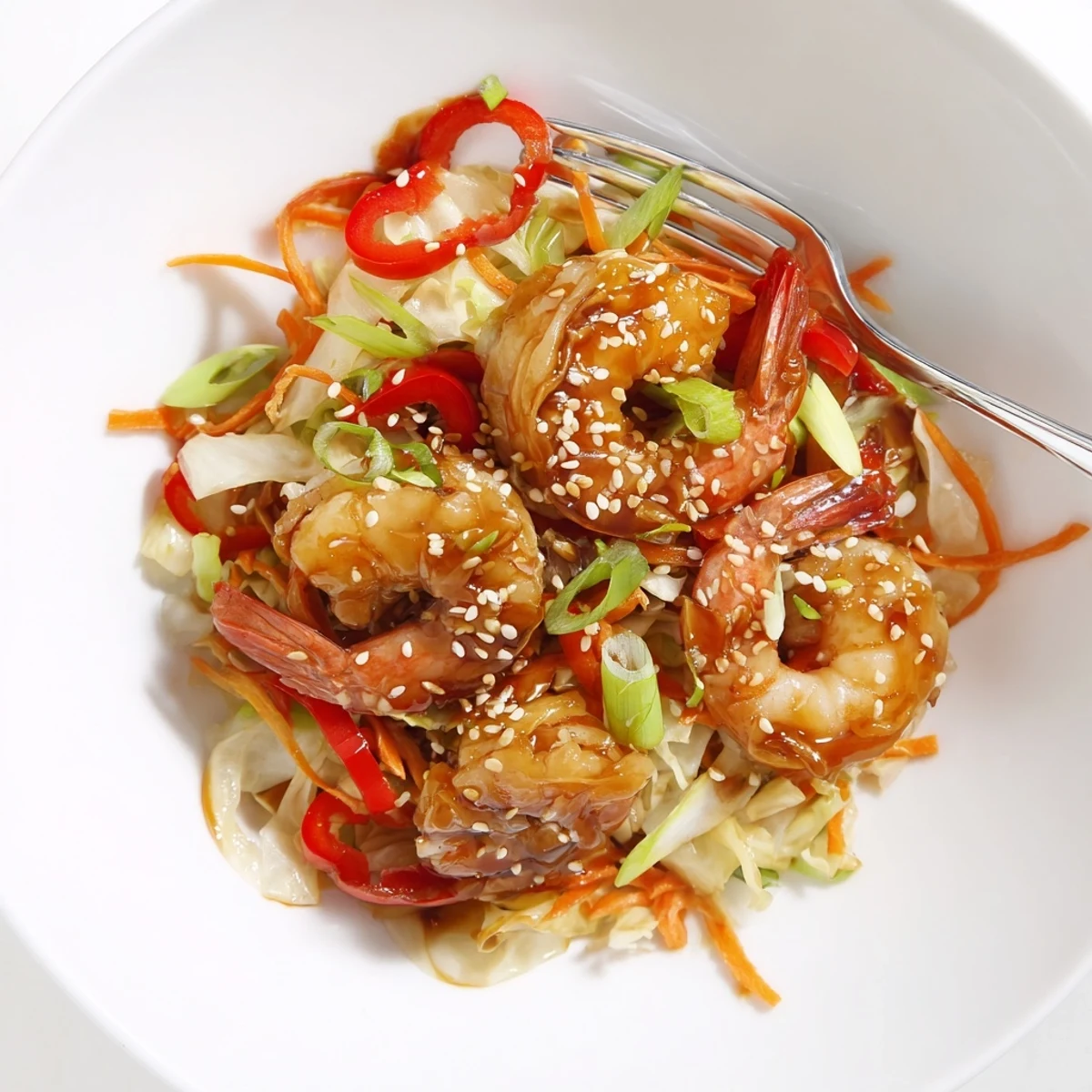 Delicious Asian Shrimp And Cabbage Stir Fry tossed with scallions, bright colors