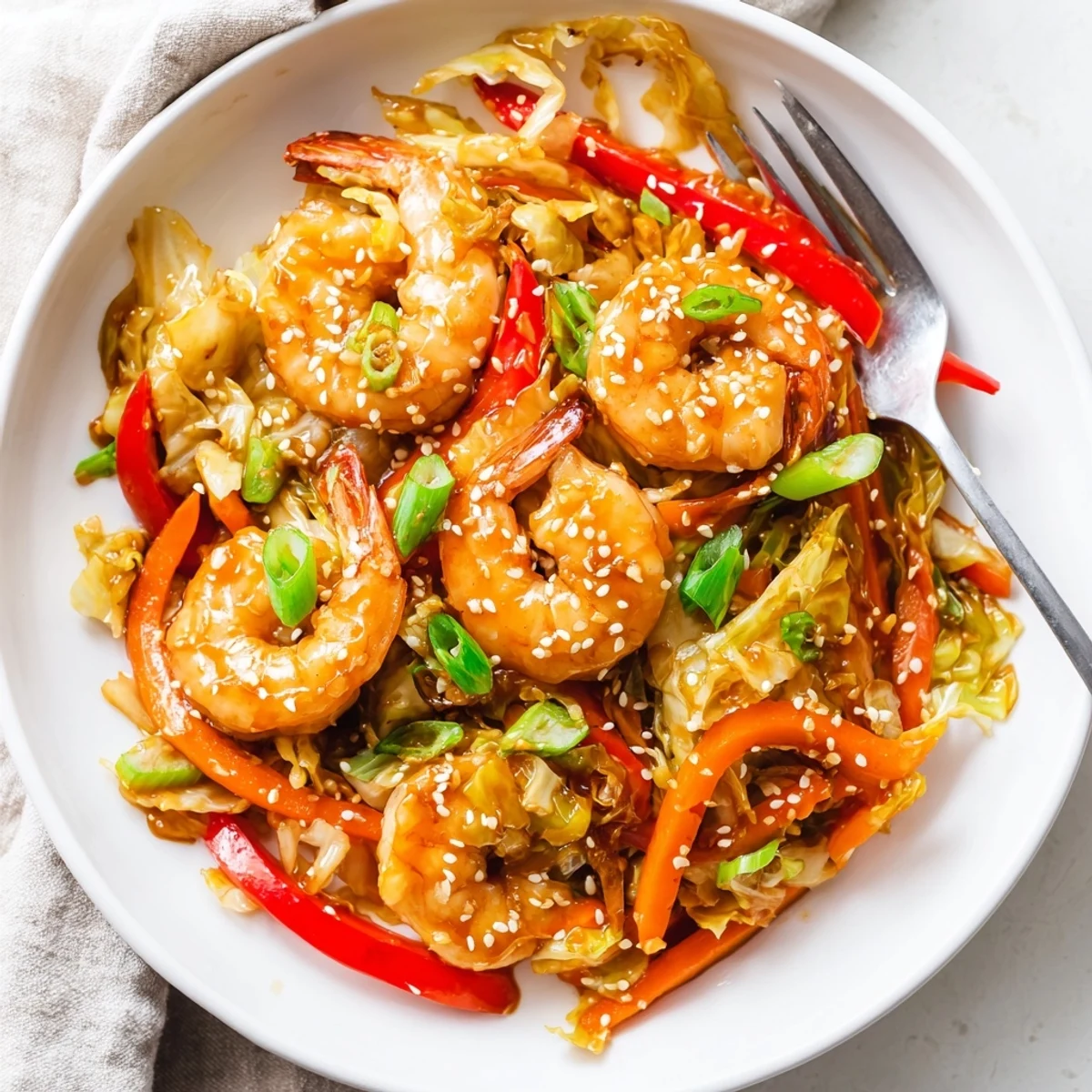 Delicious Asian Shrimp And Cabbage Stir Fry served hot over steamed rice