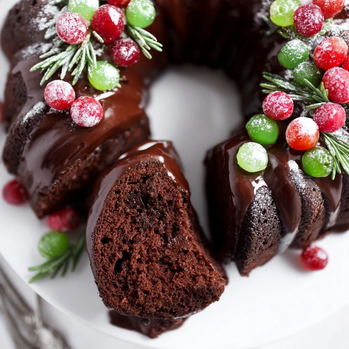 Moist Chocolate Bundt Cake Christmas Wreath drizzled with glossy ganache, sugared herbs  