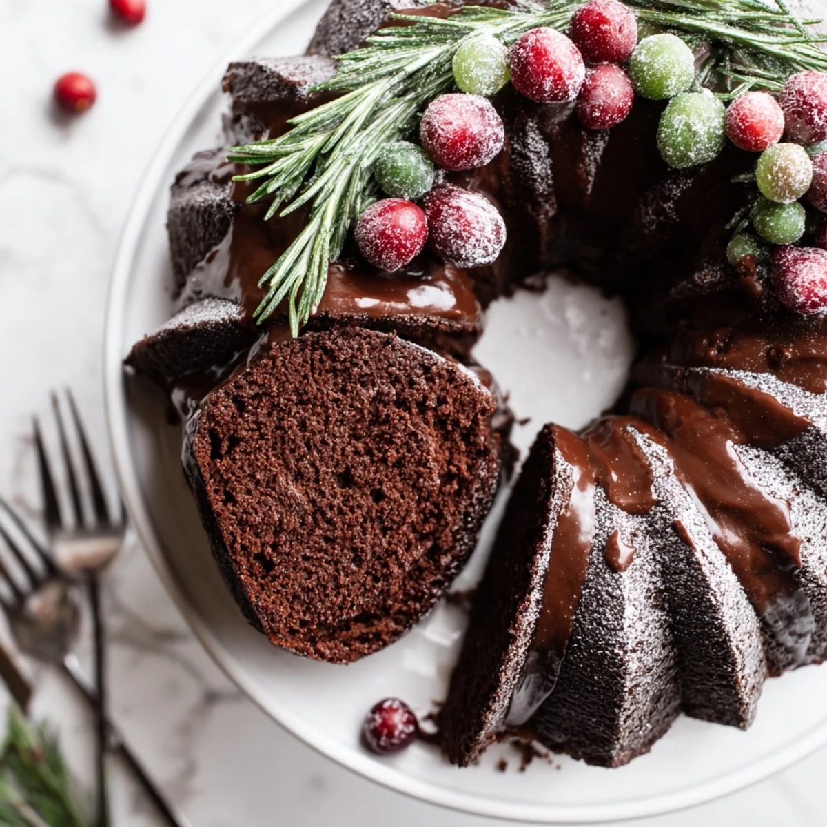 Holiday table centerpiece: Chocolate Bundt Cake Christmas Wreath topped with candied berries  