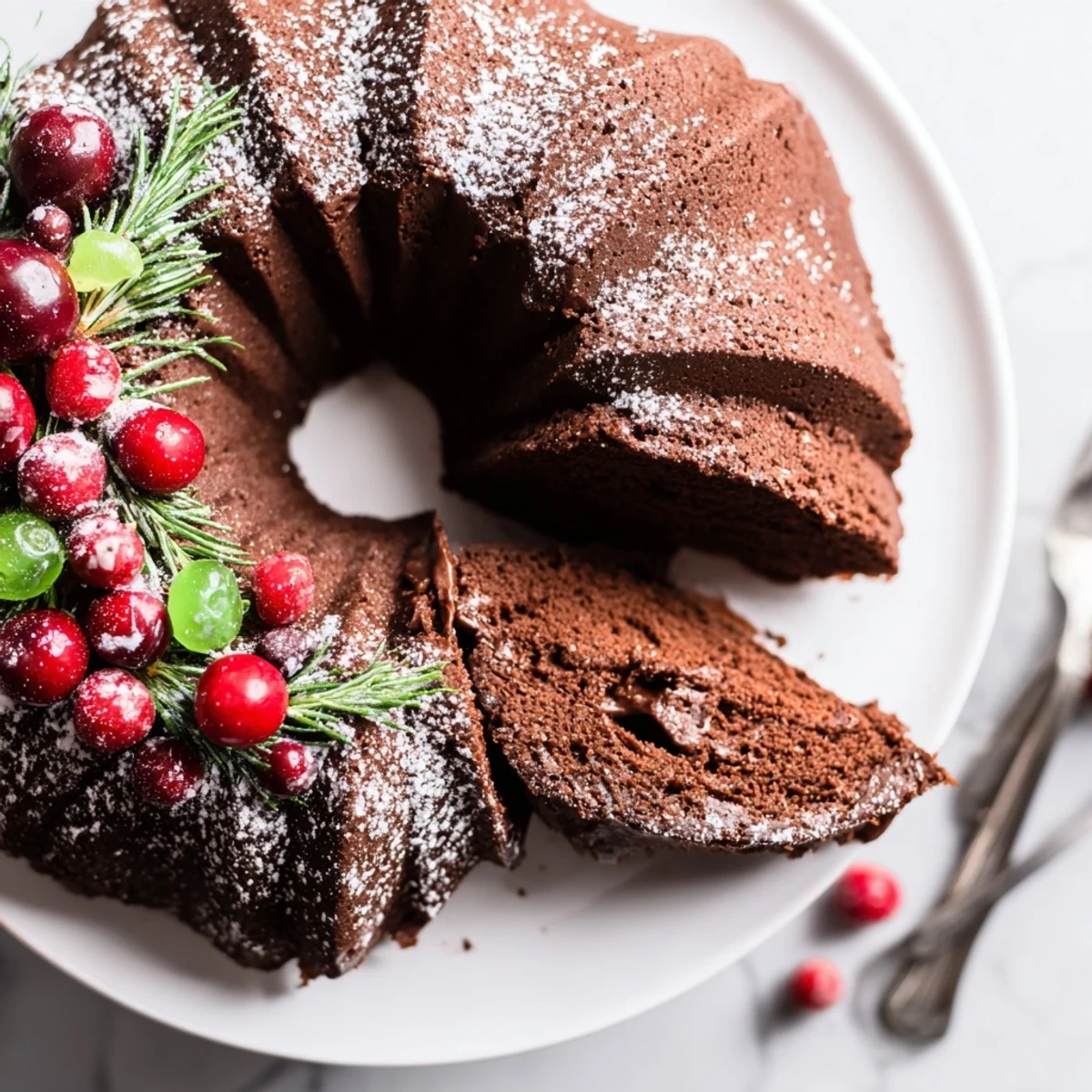 Sliced Chocolate Bundt Cake Christmas Wreath served warm with spiced hot chocolate