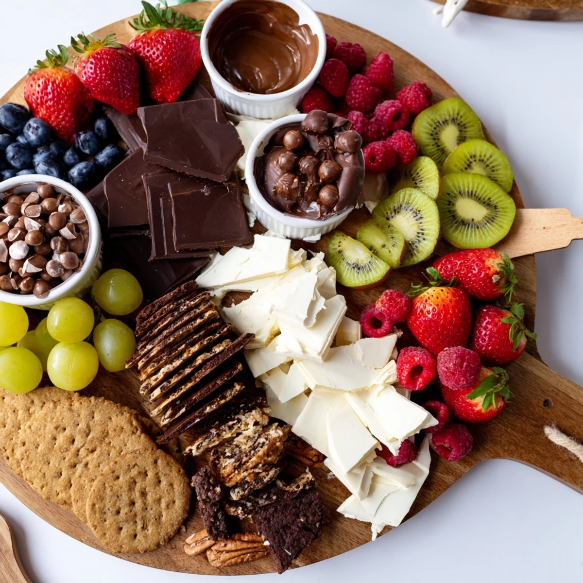 Dessert Charcuterie Board with colorful berries, macarons, and chocolate dips.