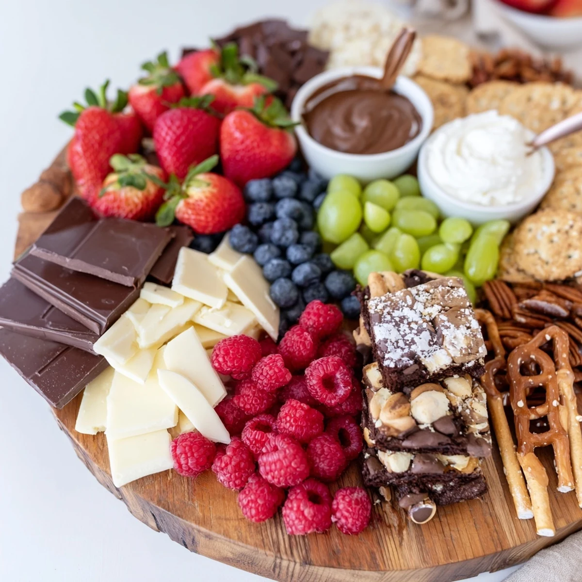 Serve Dessert Charcuterie Board at parties, featuring juicy strawberries and crunchy pretzels.