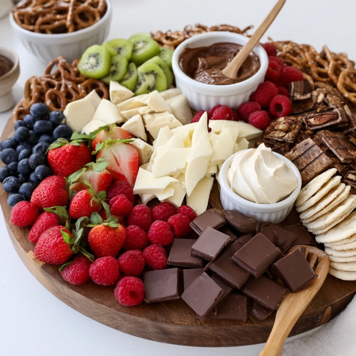 Rustic Dessert Charcuterie Board arranged with truffles, shortbread, caramel, and fruit.