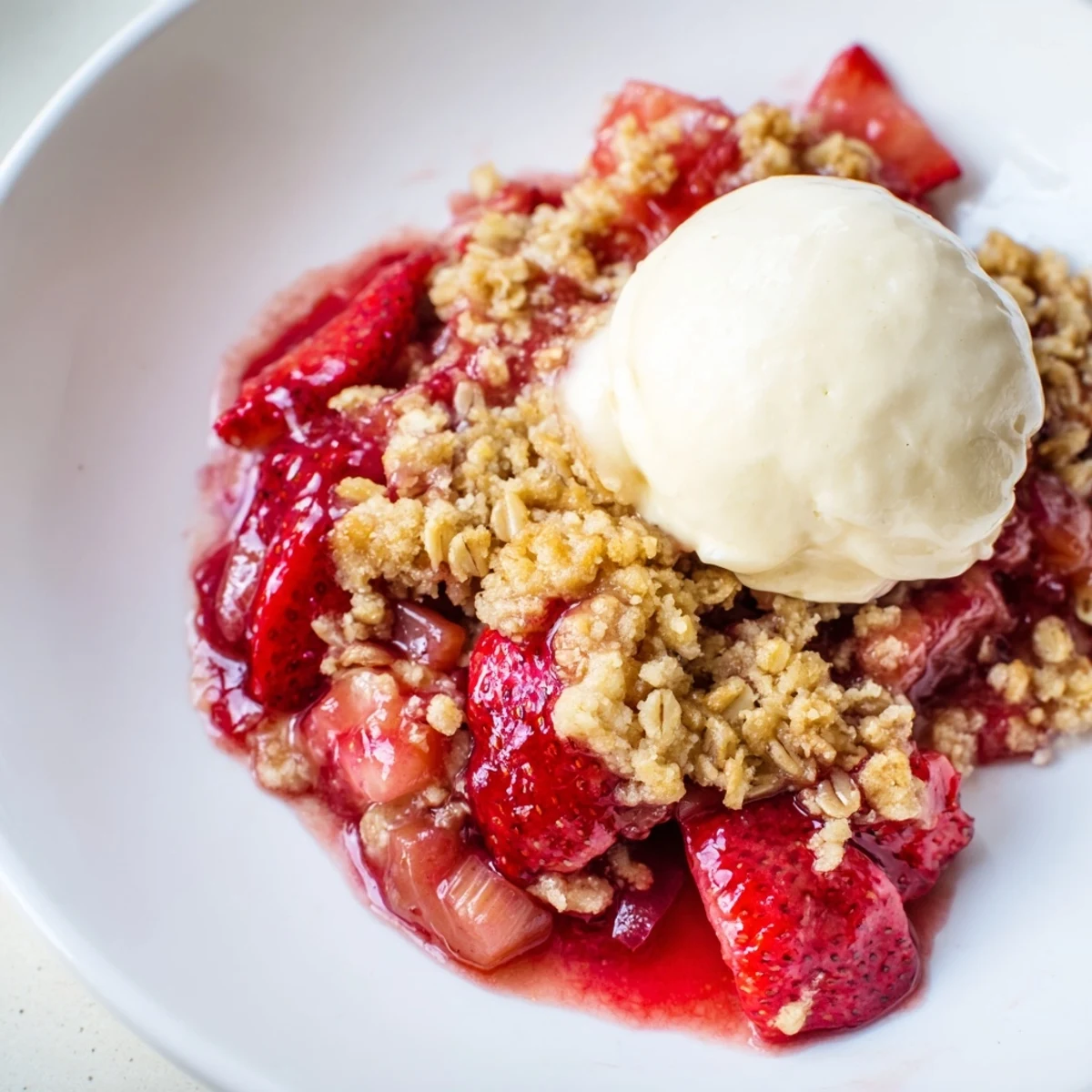 Warm Strawberry Rhubarb Crisp Recipe bubbling in a dish, golden oat topping