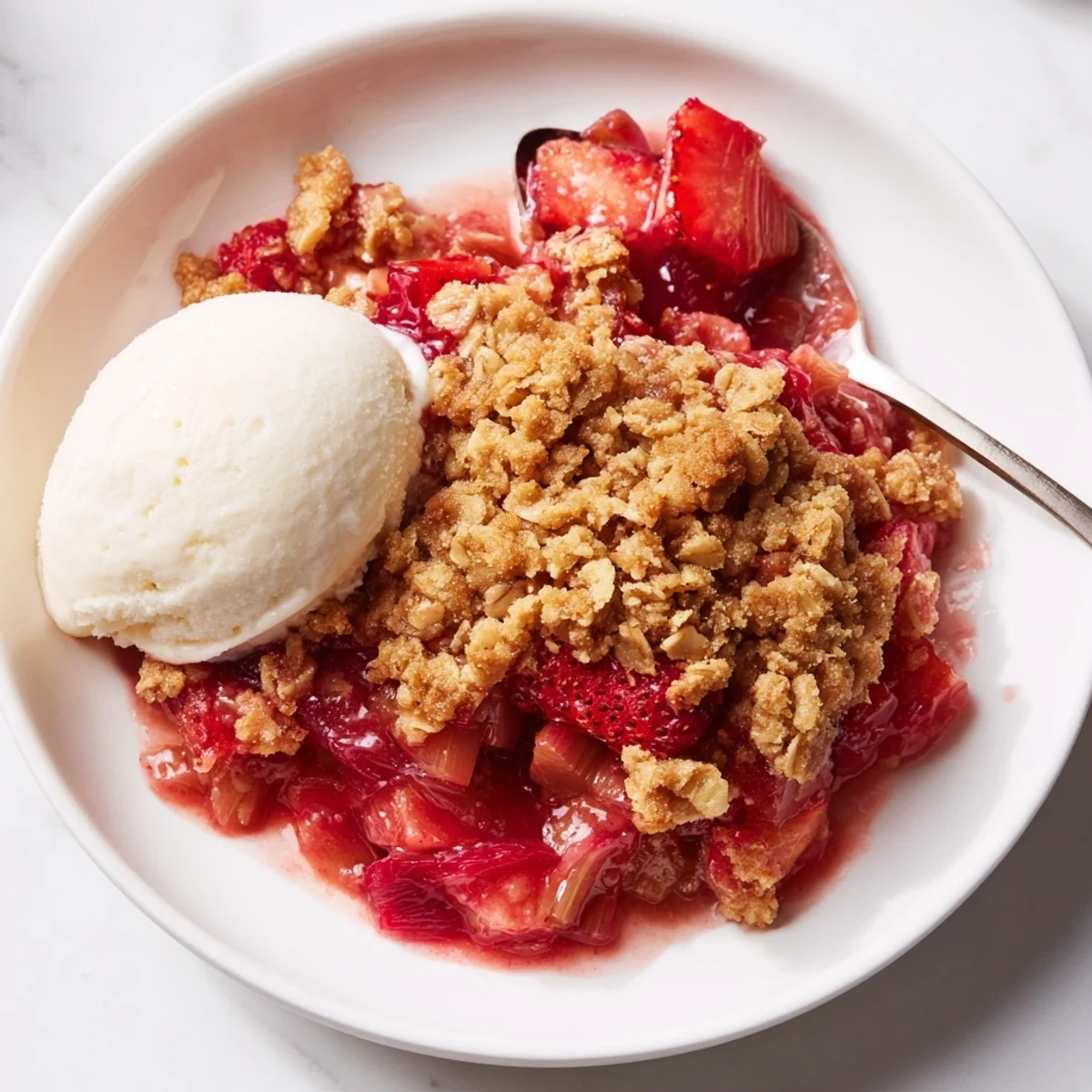 Homestyle Strawberry Rhubarb Crisp Recipe served warm with melting vanilla ice cream