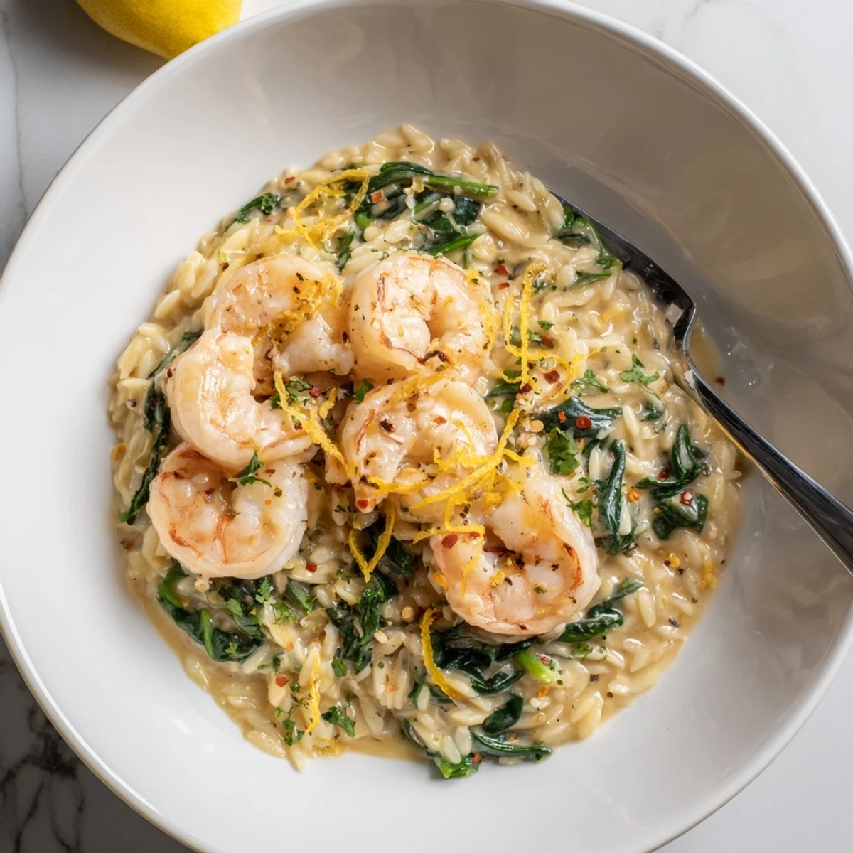 Creamy Shrimp Orzo Recipe steaming in skillet, tender shrimp and lemon zest
