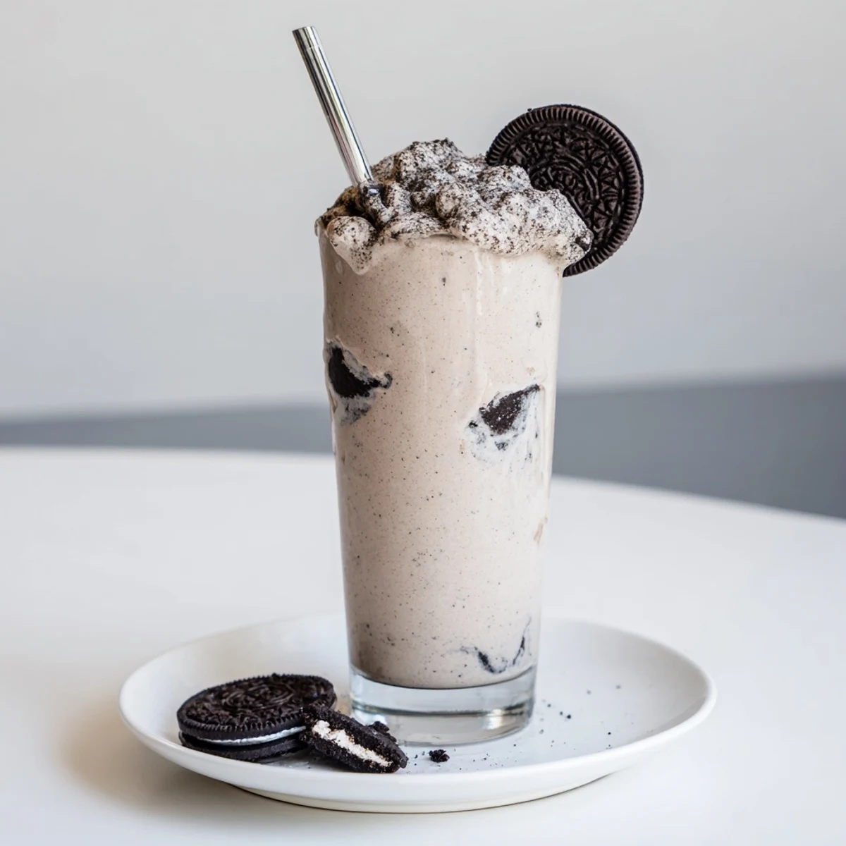 Cookies And Cream Protein Shake in a tall glass, creamy chocolate cookie crunch.
