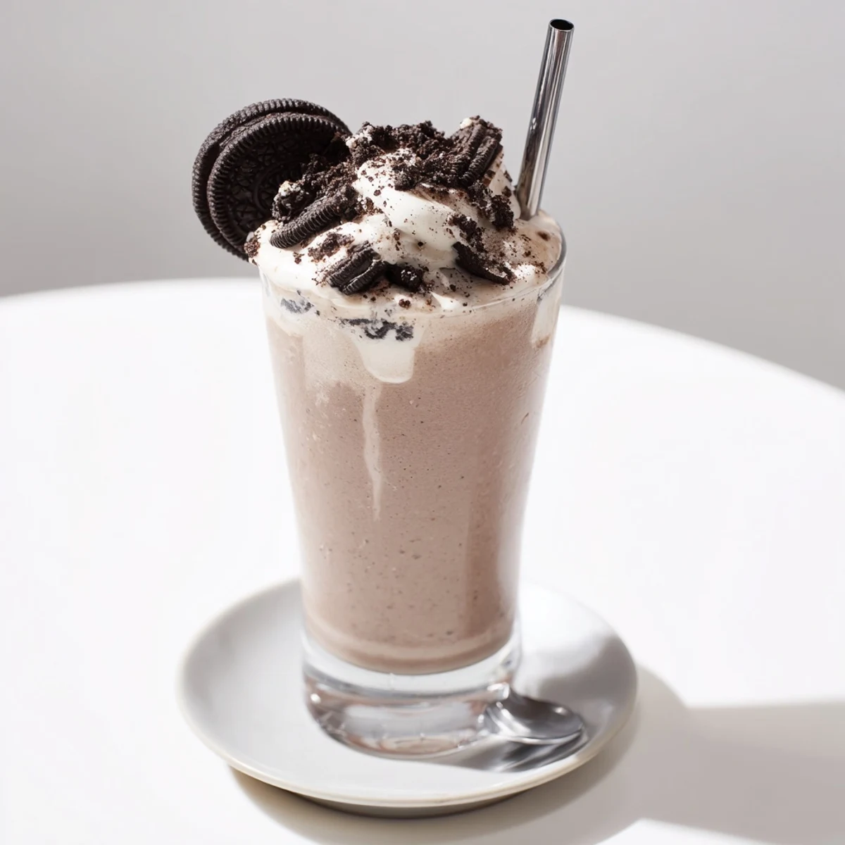 Thick Cookies And Cream Protein Shake topped with crushed cookies and whipped cream.