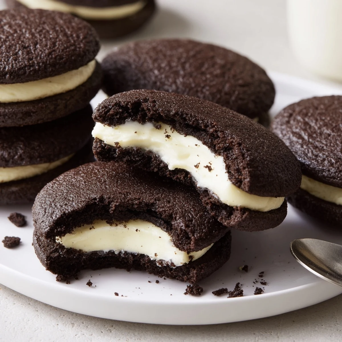 Homemade Oreo Style Cookies stacked, dark chocolate edges and creamy vanilla filling
