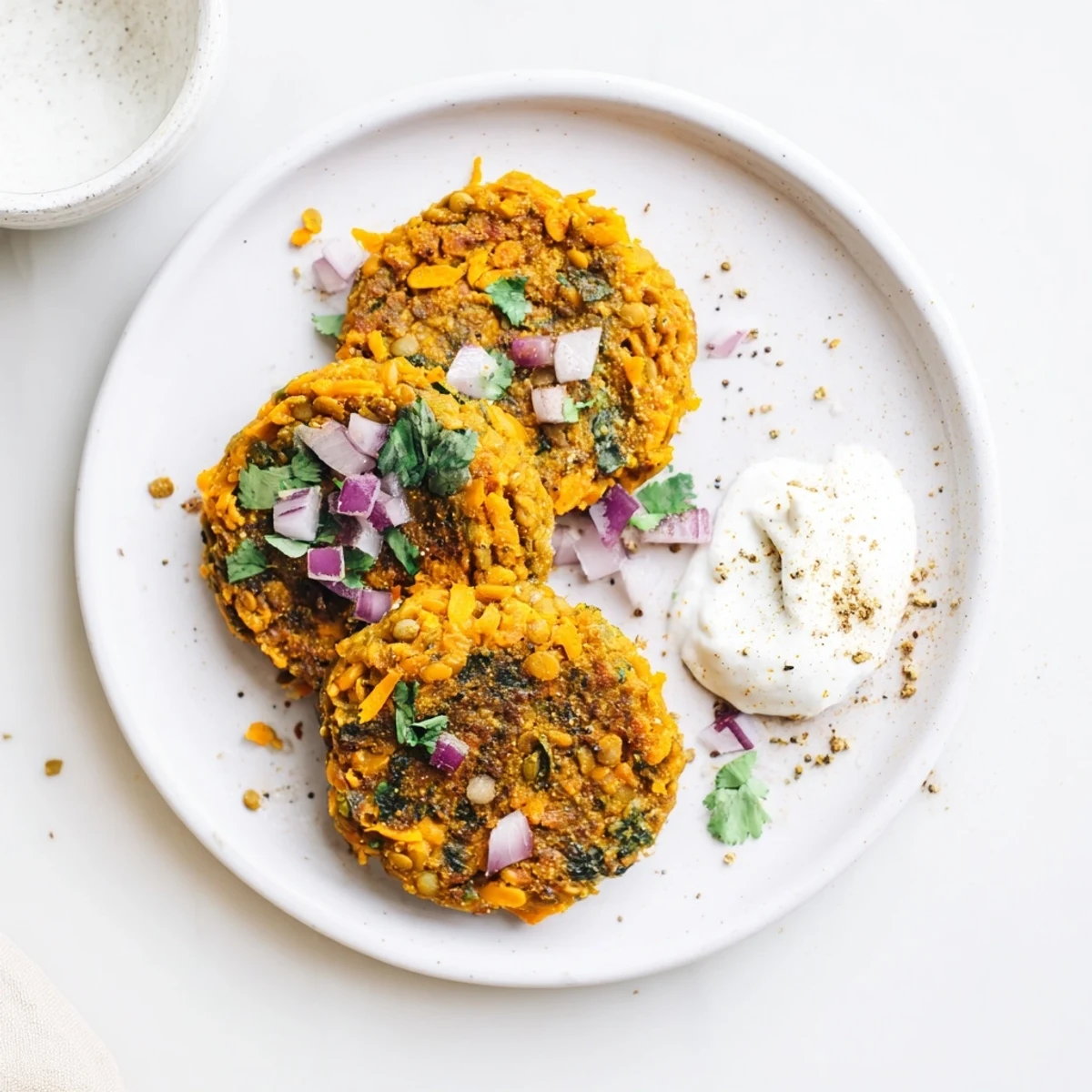 Crispy Sweet Potato Lentil Patties sizzling golden in skillet, served with yogurt