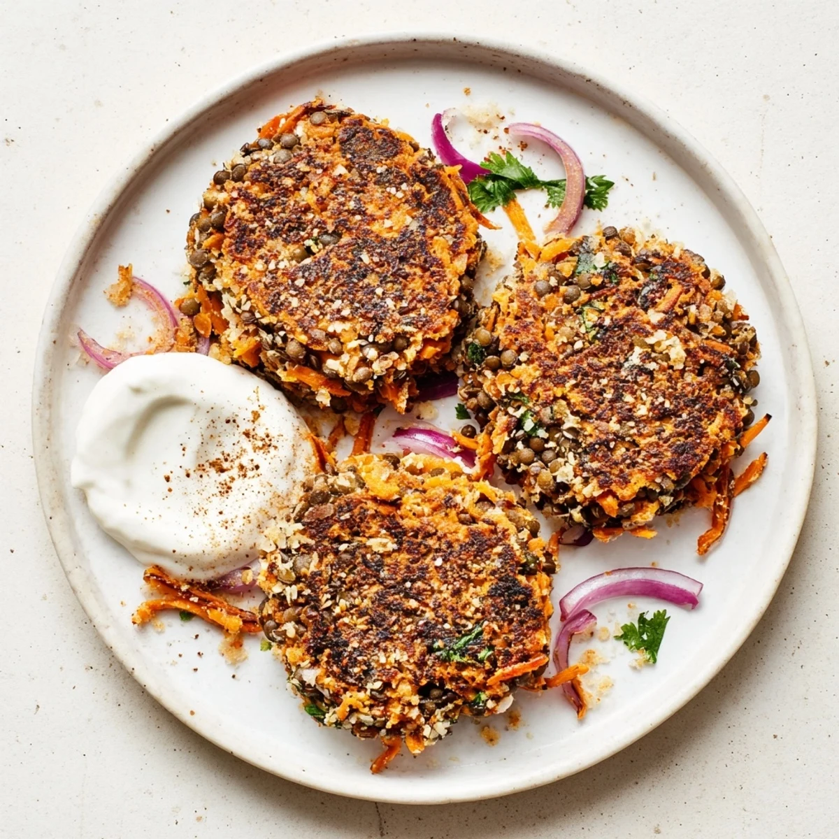 Crispy Sweet Potato Lentil Patties stacked on plate with avocado dip