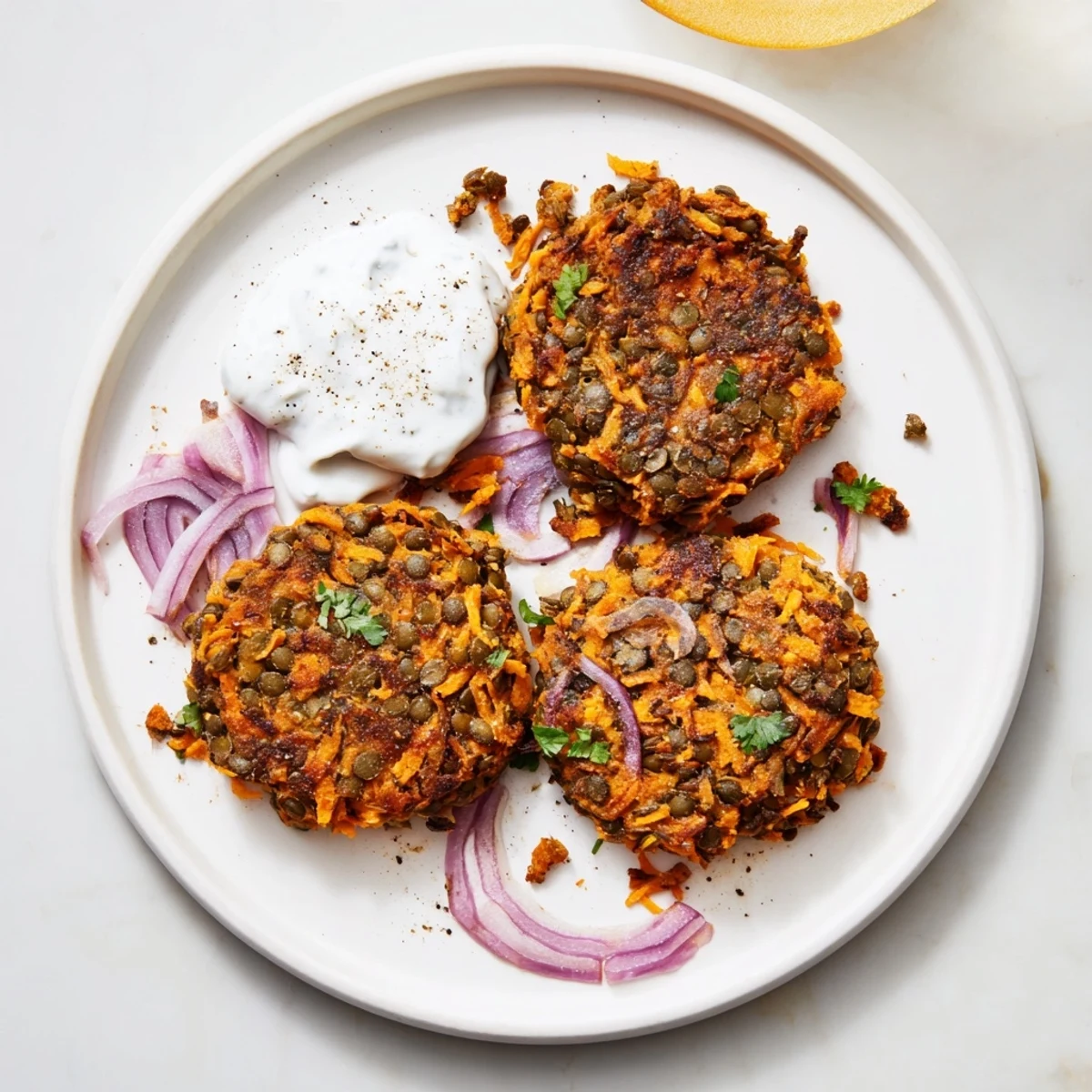 Crispy Sweet Potato Lentil Patties fragrant with cumin, crispy edges, garnished with cilantro