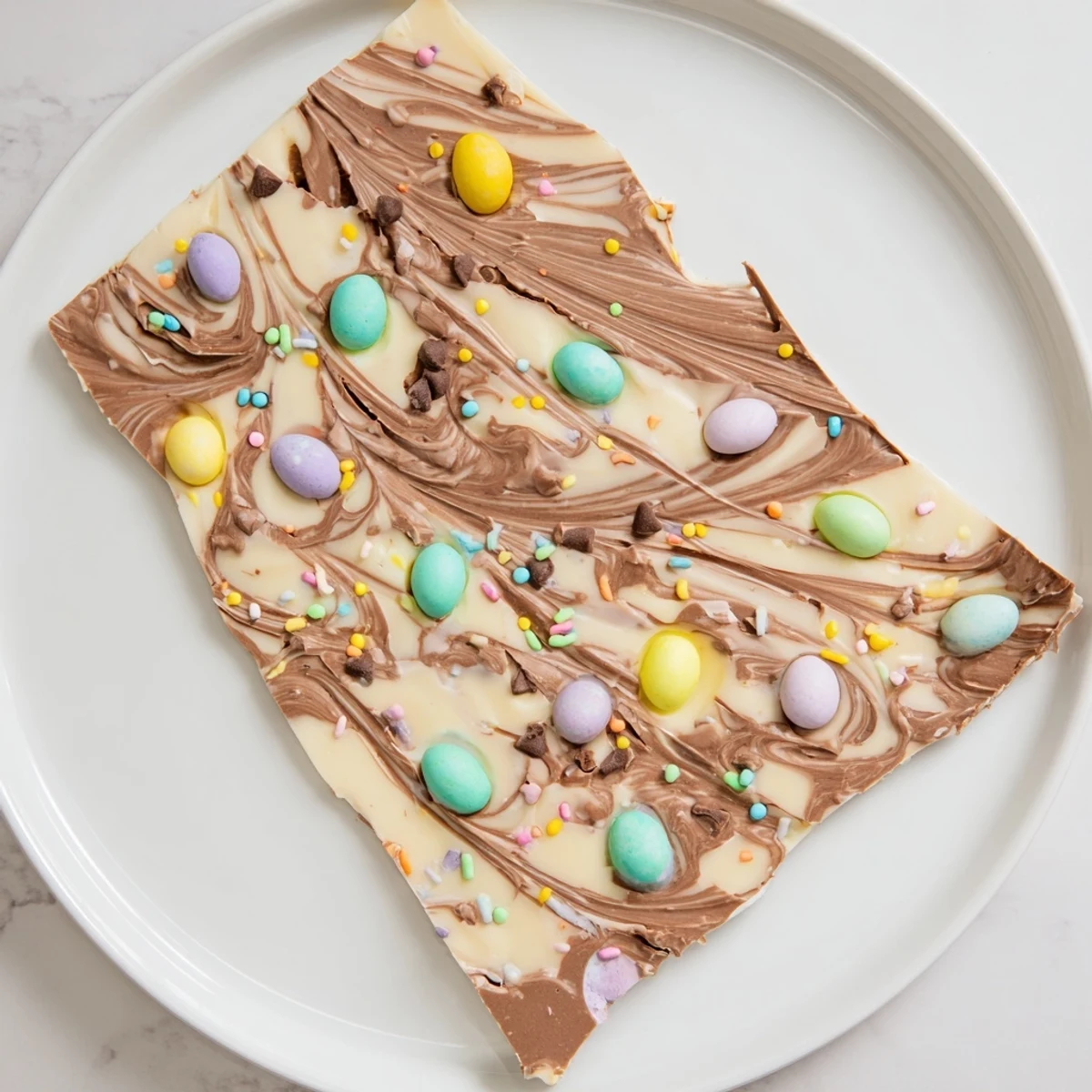 Robin Egg Easter Bark with pastel sprinkles, glossy marbled chocolate, crunchy candies